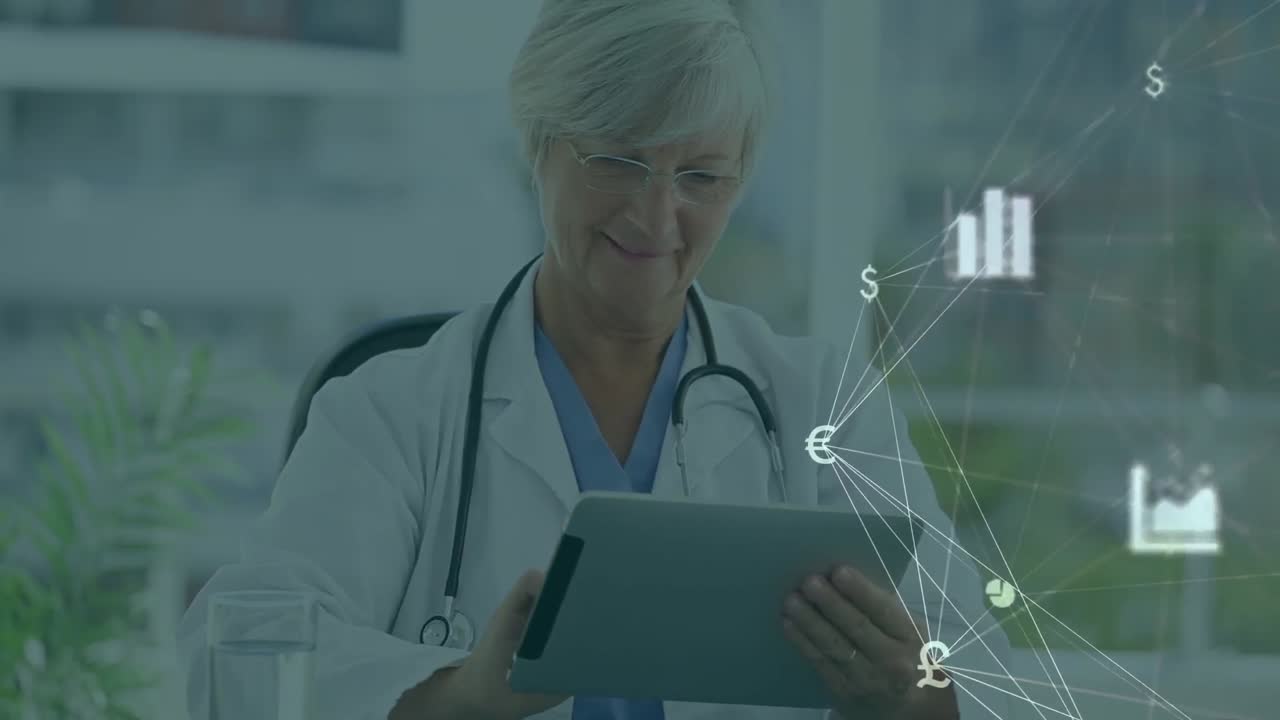 Animation of network of connections with icons over caucasian female doctor using tablet