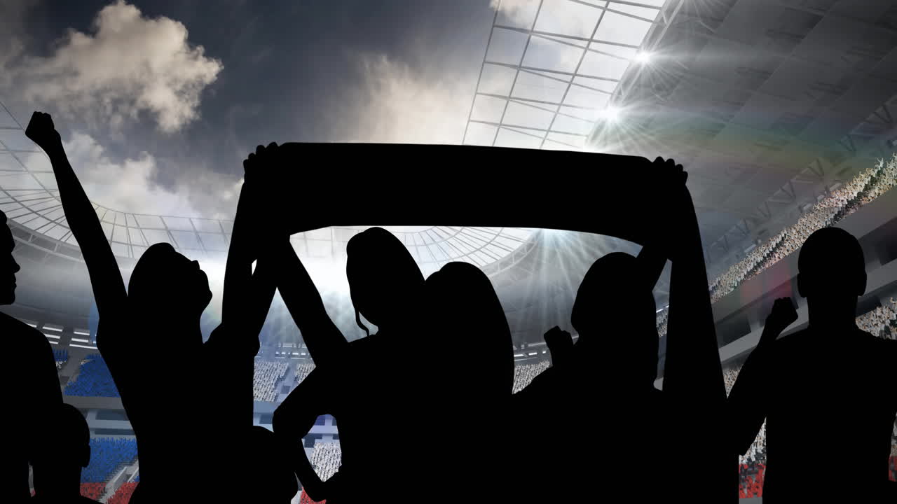 animación de siluetas de aficionados al deporte animando en el estadio deportivo
