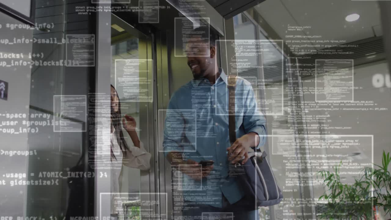 Animation of financial data processing over diverse business people in office