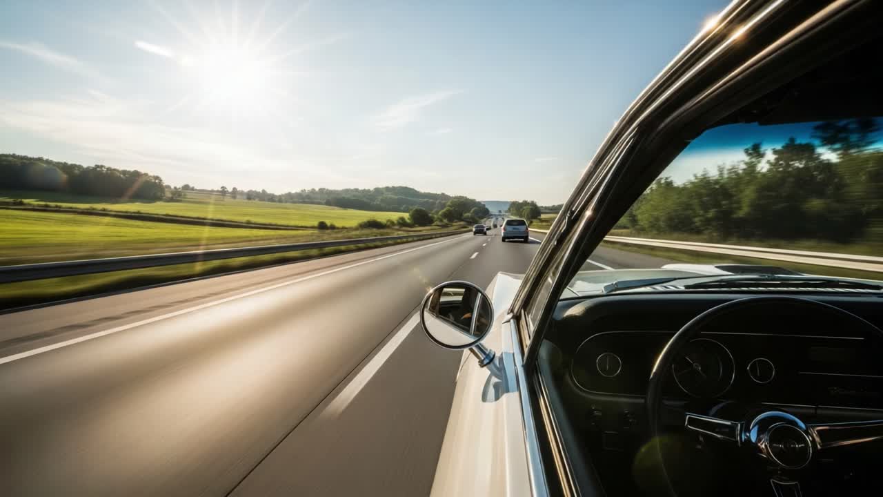 View from a Classic Car Driving on a Sunny Highway