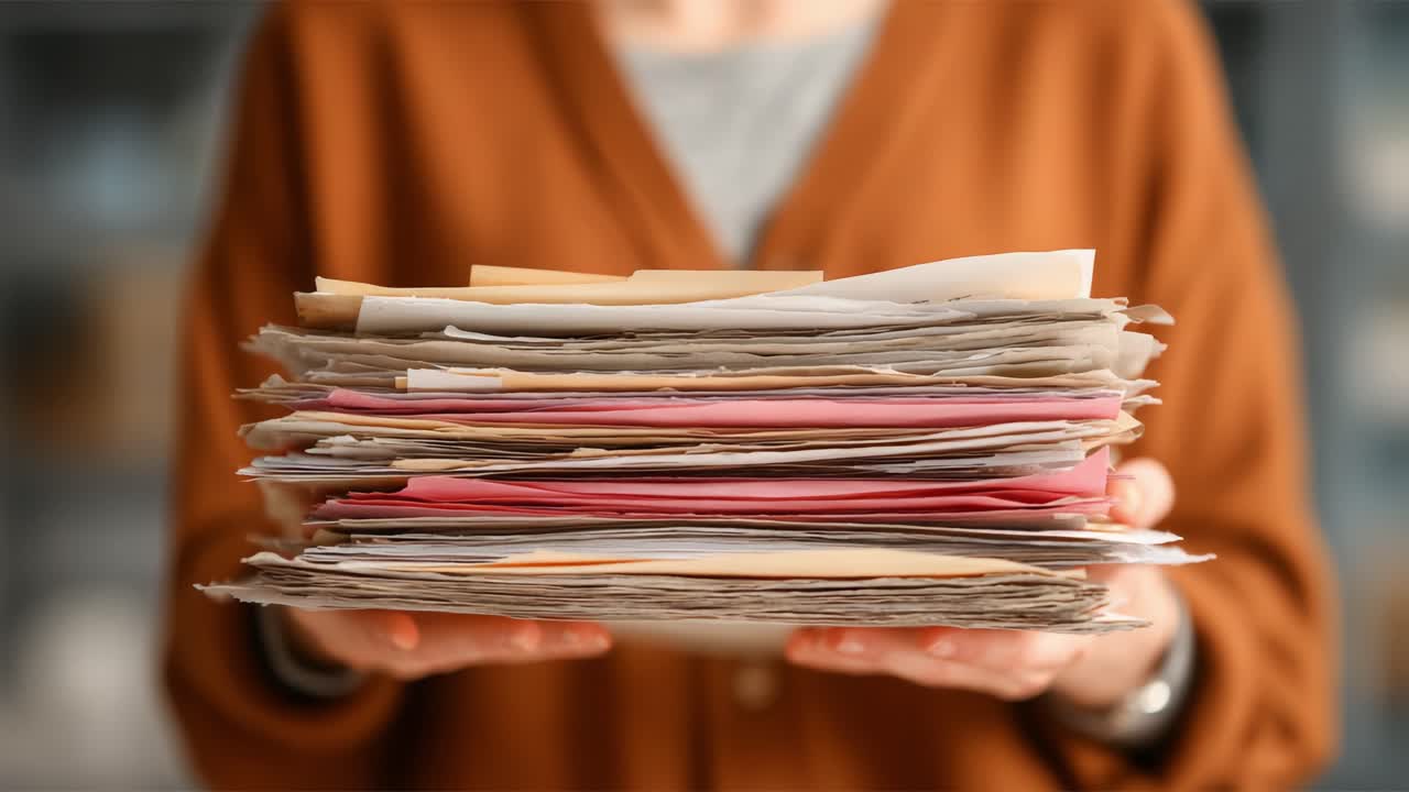 A person holding a large stack of mixed documents and papers, showcasing organizational challenges and the need for meticulous attention to detail in paperwork management