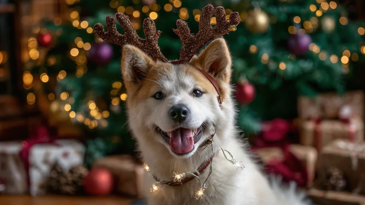 A Joyful Dog Wearing a Christmas Antler Headband Surrounded by Holiday Decorations and Gifts, Capturing the Cheerful Spirit of the Festive Season