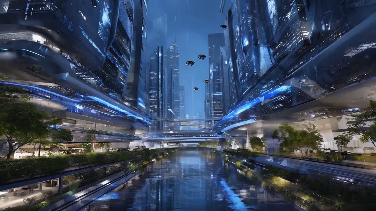 Futuristic Cityscape with Canal and Flying Vehicles