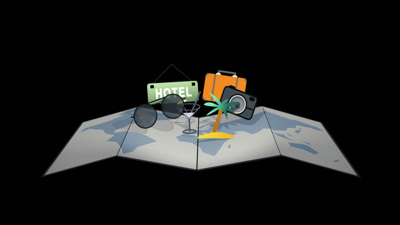 se abre el mapa del mundo plegable y aparecen los íconos de vacaciones