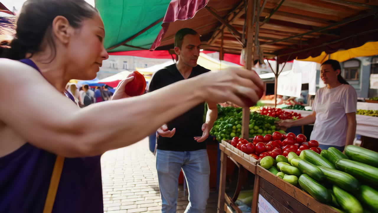 Busy outdoor market scene with people shopping for fresh produce
