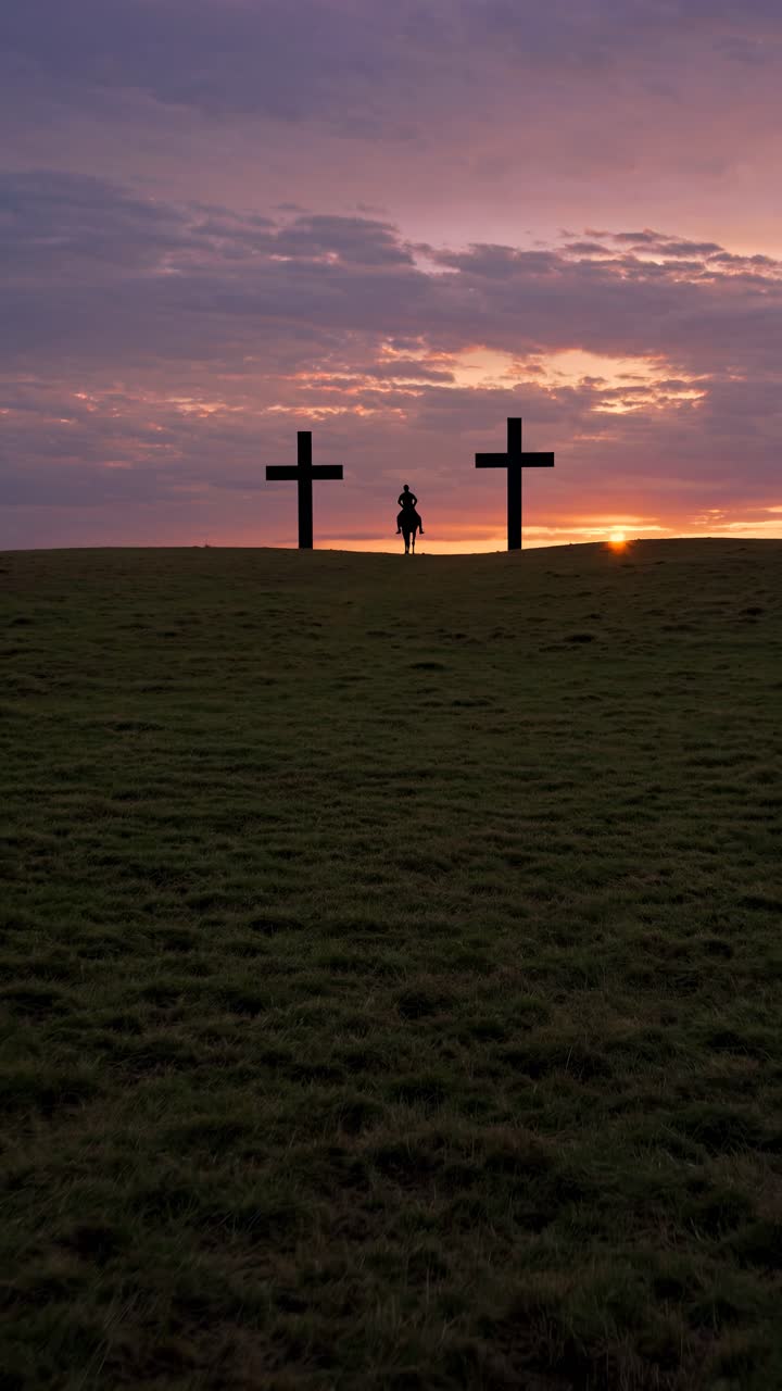 Silhouette of a person walking towards two crosses on a hill at sunset