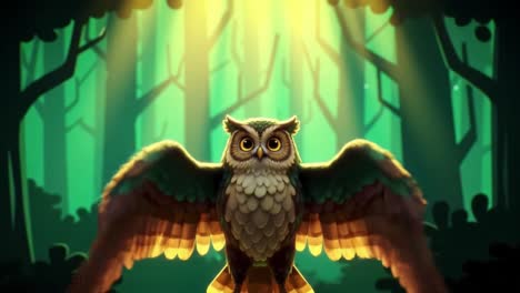majestic animated owl spreading its wings in a lush forest, captured in a stunning colorful scene with intricate details and enchanting light effects
