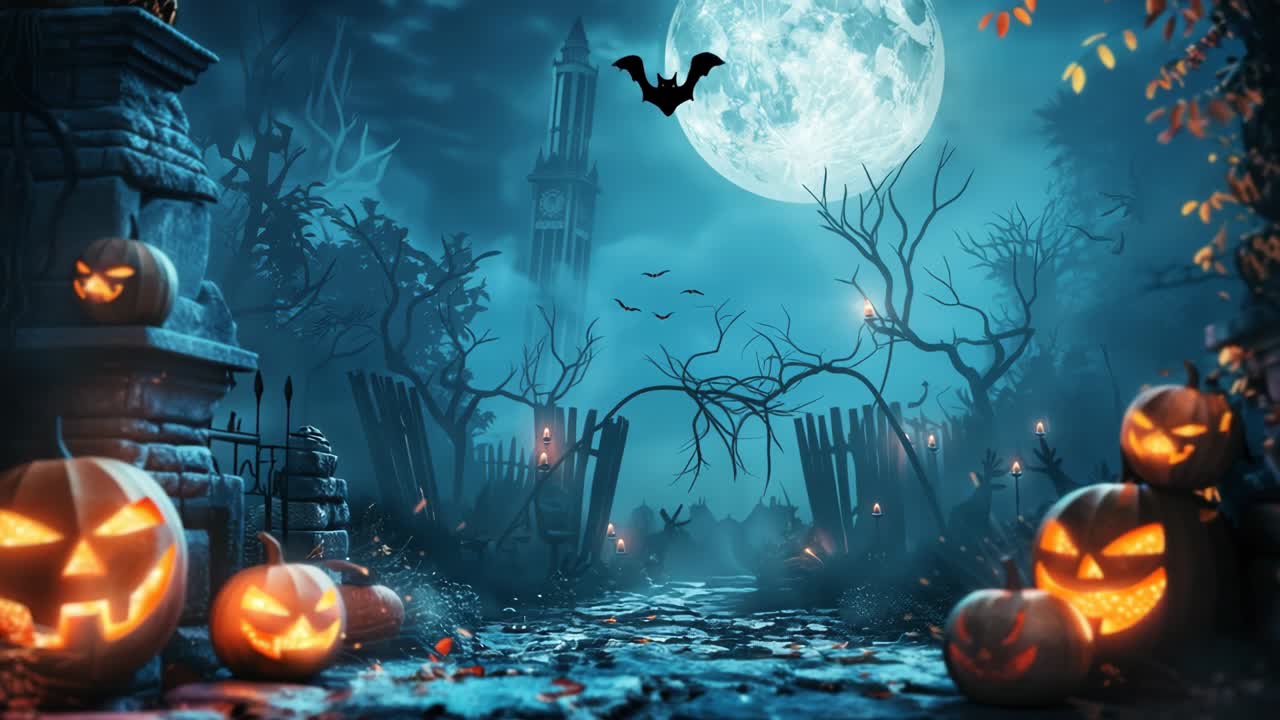 Spooky Halloween scene with carved pumpkins and a full moon