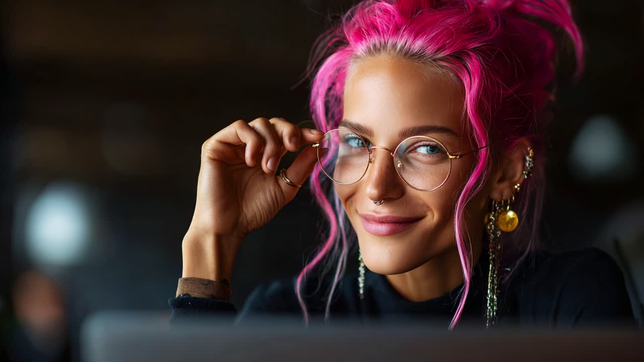 A confident young woman with striking pink hair and stylish glasses playfully smiles at the camera while seated at a table, embodying a blend of modern fashion and self-assured charisma