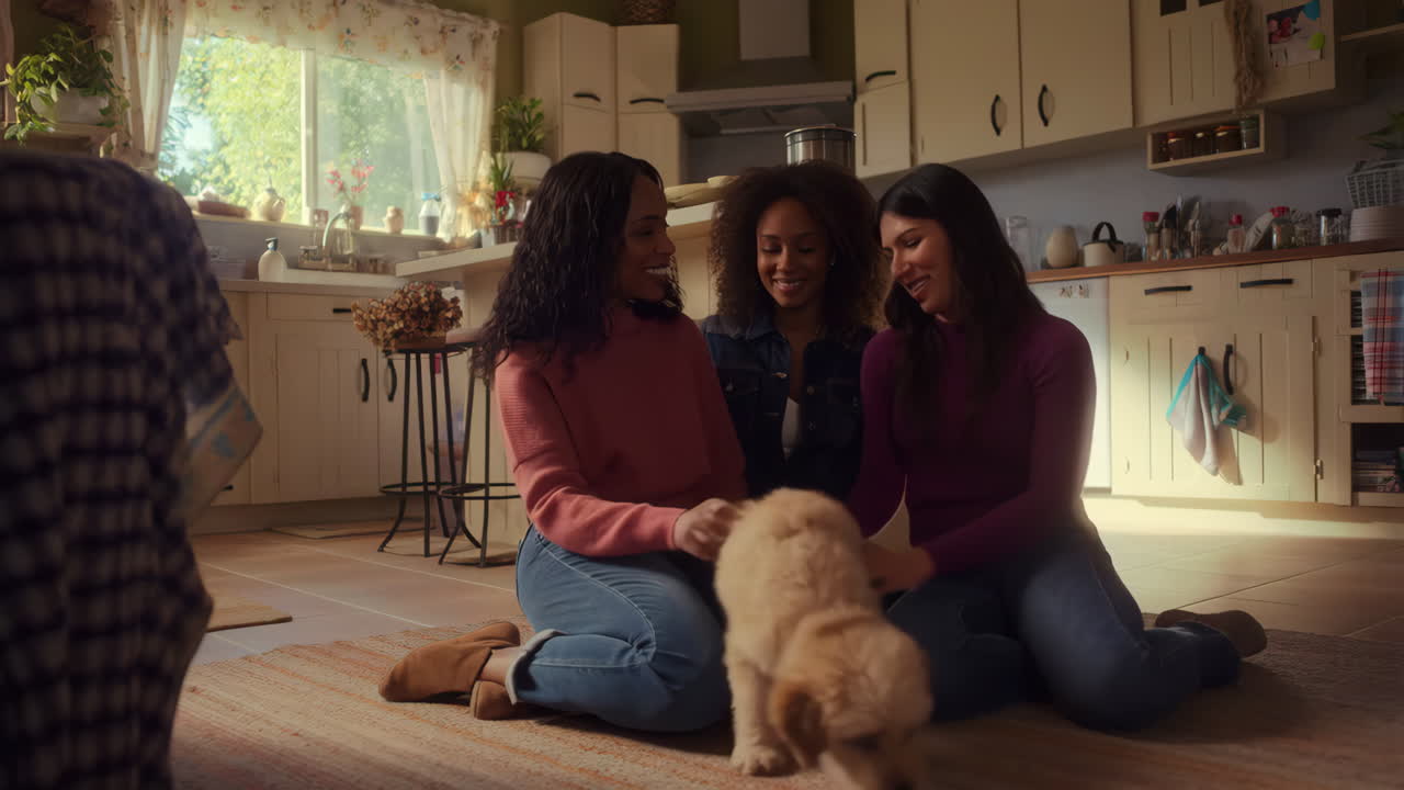 Three women playing with a golden retriever puppy in a kitchen