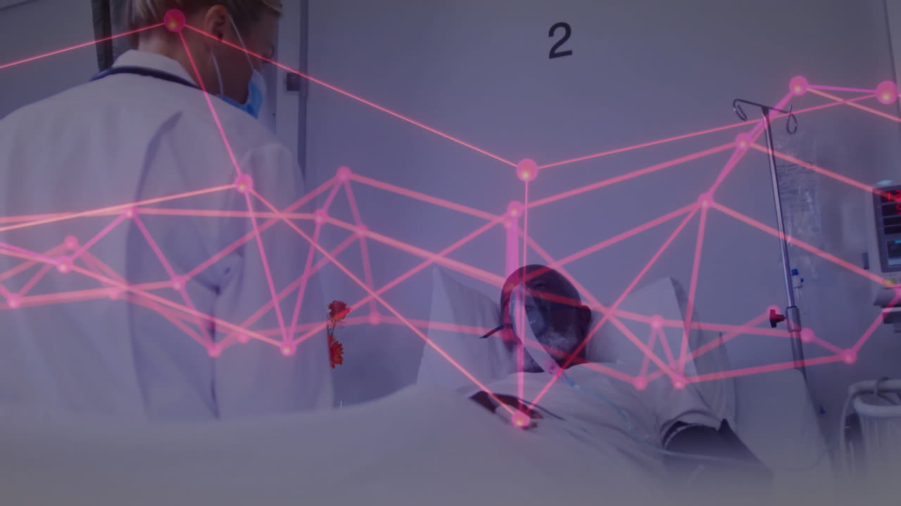 Animation of network connections over medical staff attending to hospital patient in bed