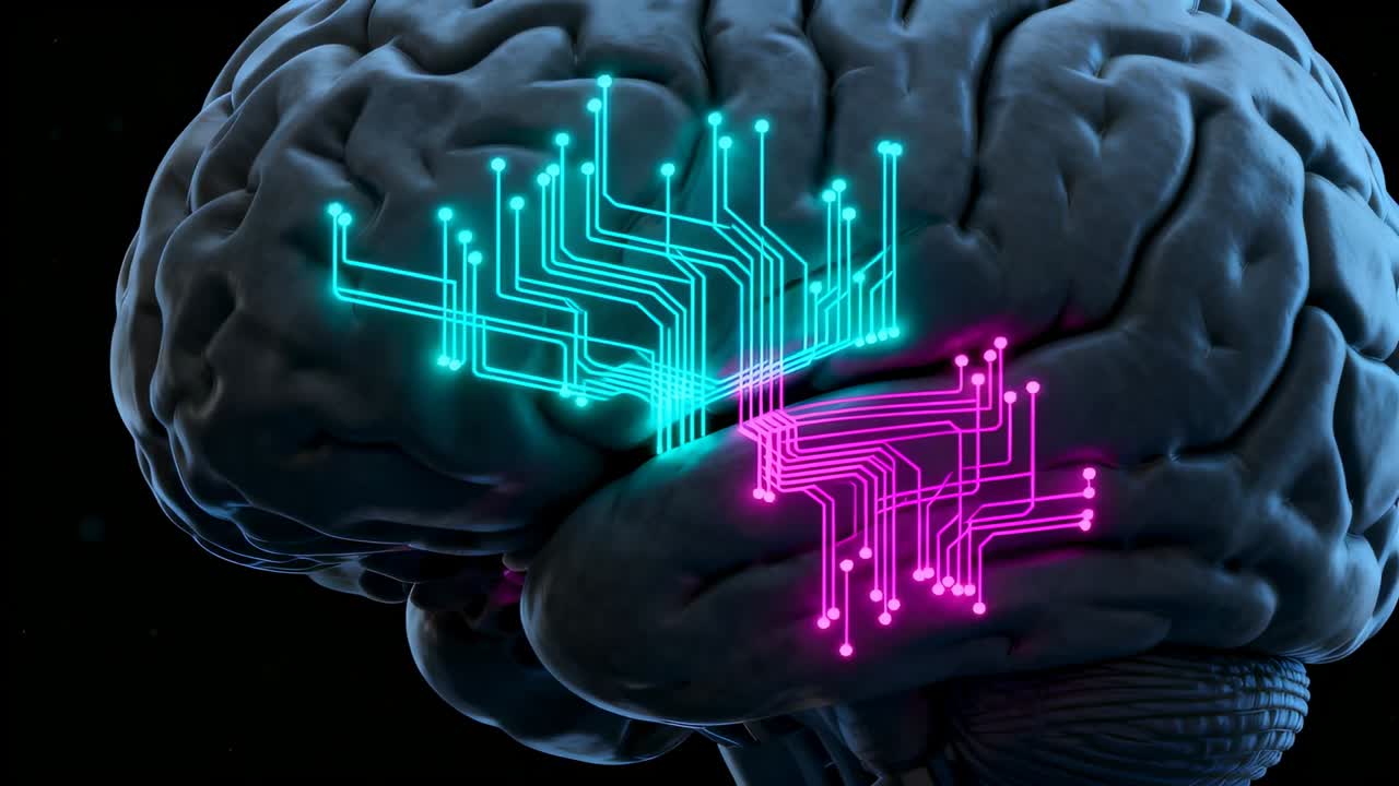 Animating 3D brain as frames progress in black void, cyan-magenta circuits pulsing nodes rising