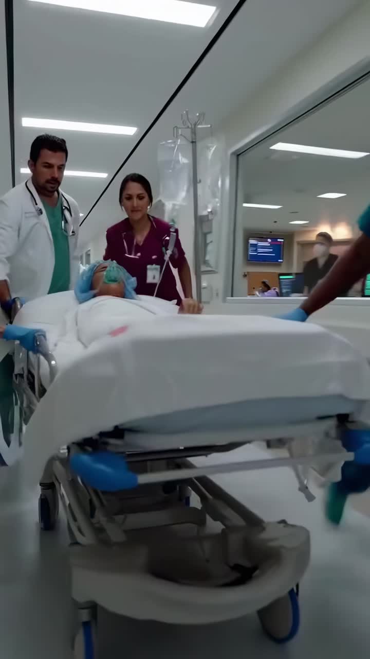 Equipe Médica Levando Paciente em Maca Rapidamente por Corredor de Hospital