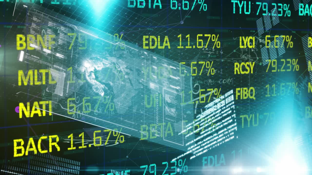 Dati del mercato azionario ed elaborazione dati statistici su sfondo di un modello di globo che gira