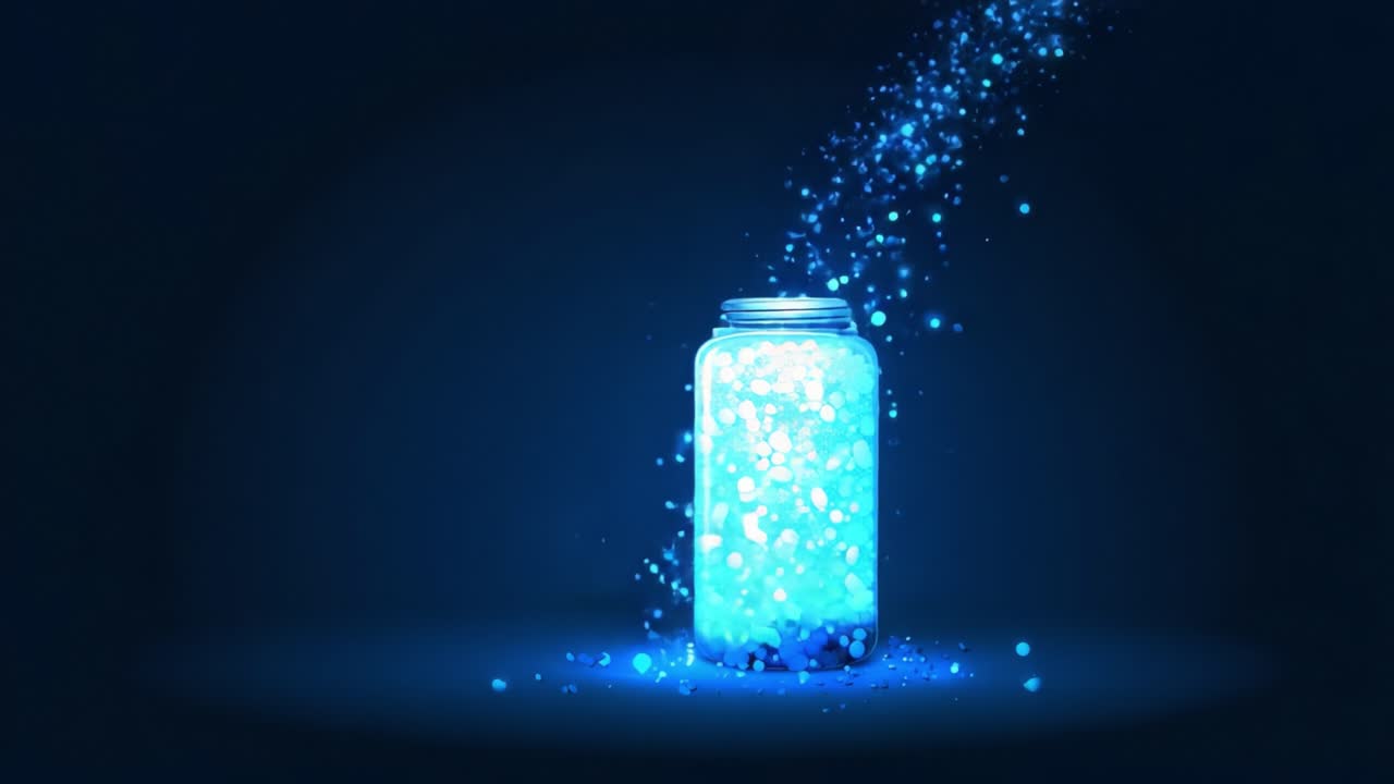 A mesmerizing blue jar full of glowing particles, releasing a surreal sparkle of light and color into the darkness, creating a captivating visual spectacle of wonder and beauty