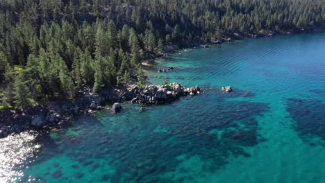Turquoise-Water-And-Green-Forest-At-Lake-Tahoe,-United-States-of-America---aerial-drone-shot