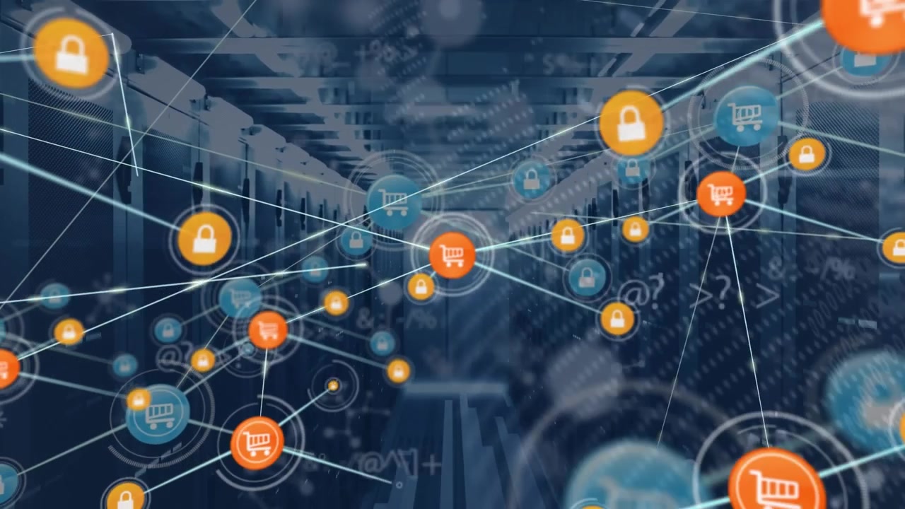 Animazione di icone connesse, codici binari, simboli e nucleotidi su sfondo di una sala server.
