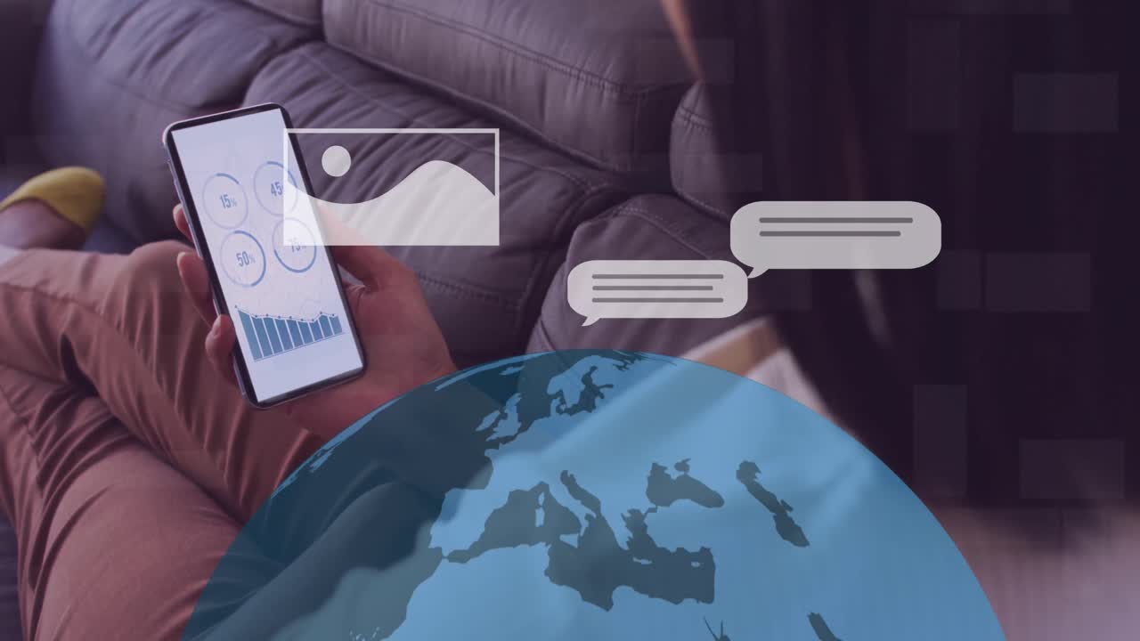 Animation of ai data processing over woman using smartphone and globe