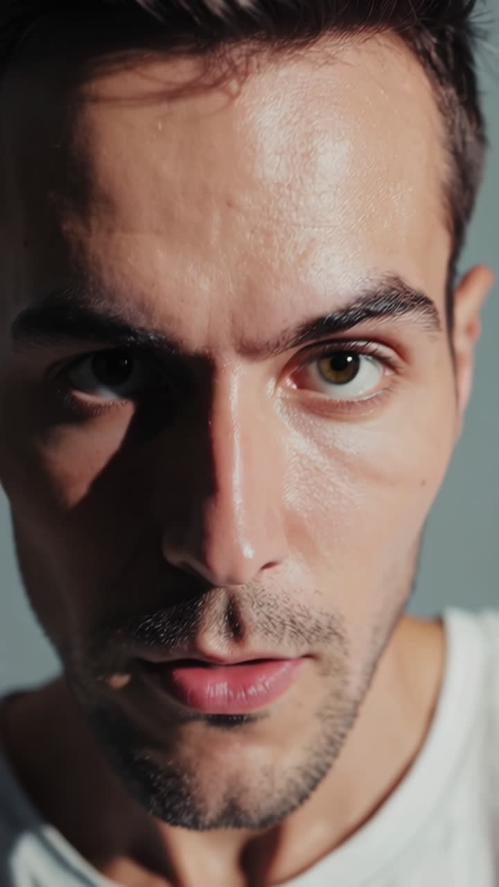 Close-up Portrait of a Man with Intense Gaze and Stubble