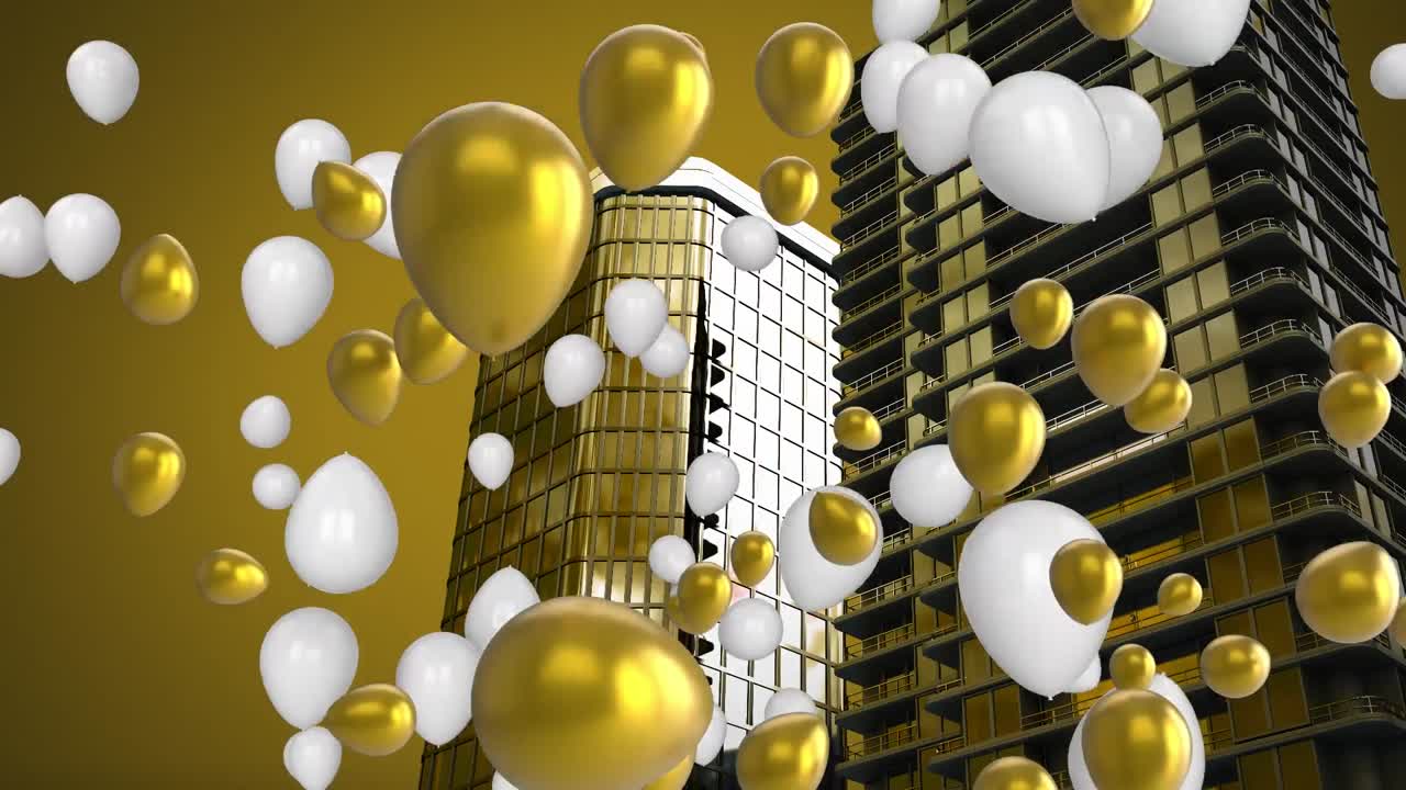 animación digital de múltiples globos flotando sobre un modelo de ciudad en 3d contra un fondo amarillo