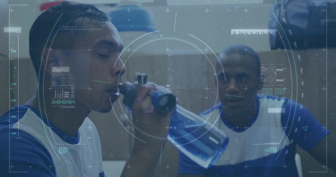 Animation of scope scanning and data processing over diverse male football players in changing room