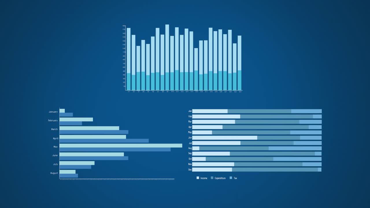 Animation of diverse graphs on blue background