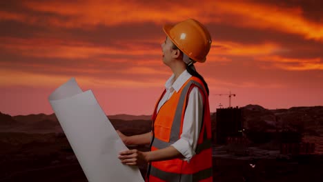 female engineer reviewing construction plans at sunset