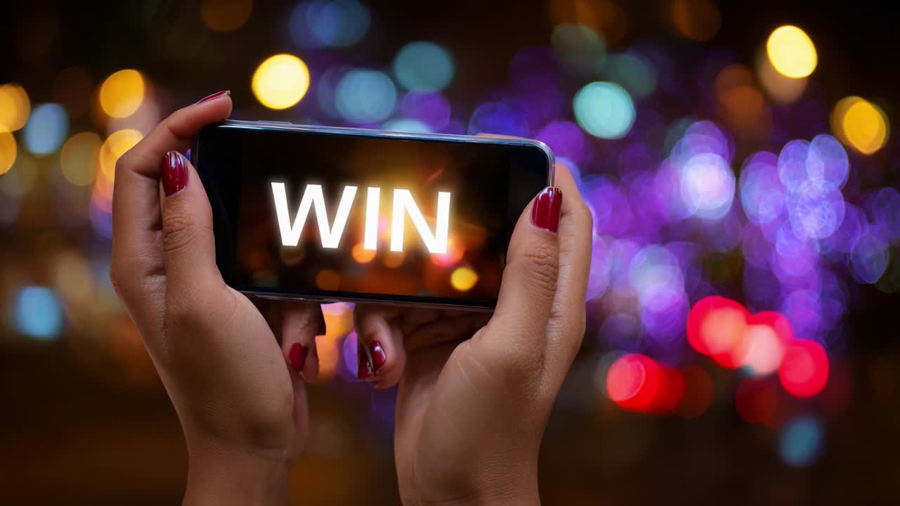 Una persona mostra con gioia lo schermo di uno smartphone su cui campeggia la parola VINCI, illuminata da uno sfondo di vivaci luci bokeh colorate, a simboleggiare festa e trionfo in un ambiente festoso
