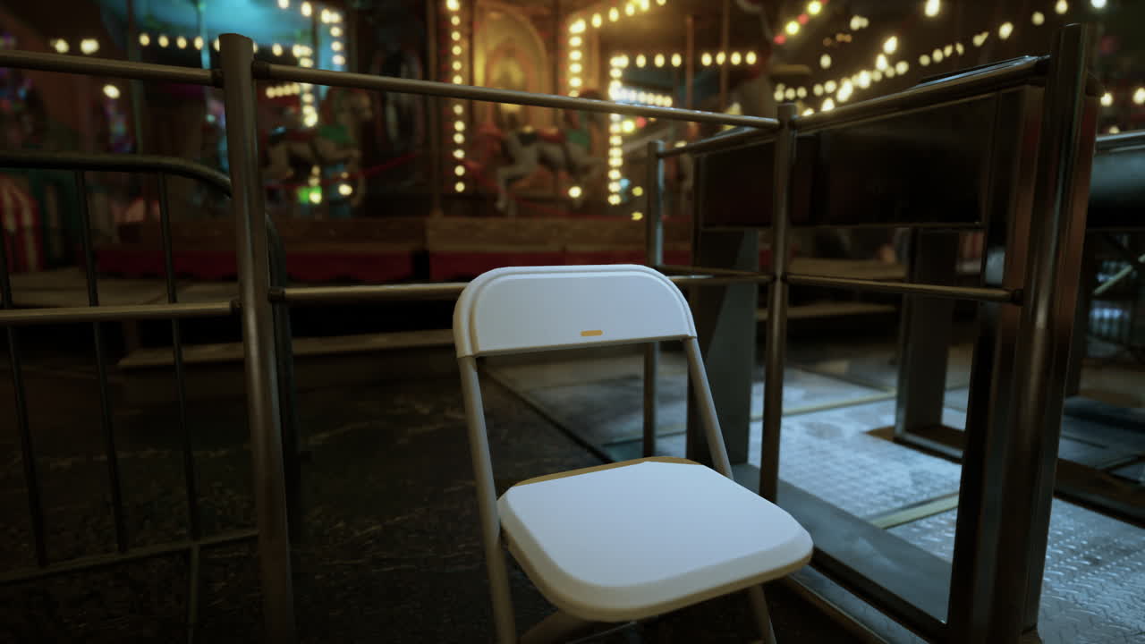 An empty amusement park at night with a lone chair awaits visitors