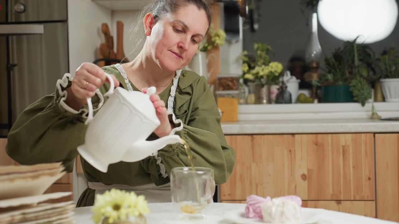 Young lady wearing green dress with ruffled white apron gently pouring herbal tea from white ceramic teapot into transparent glass cup at cozy kitchen table decorated with flowers and pastries
