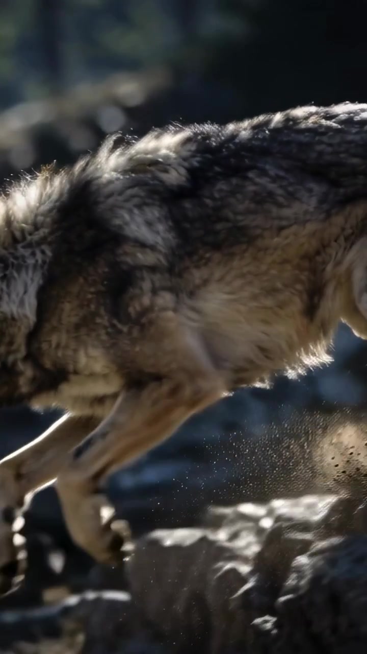 Video verticale: Un lupo che entra si muove attraverso una radura rocciosa illuminata dal sole, zampettando e scavando terra smossa
