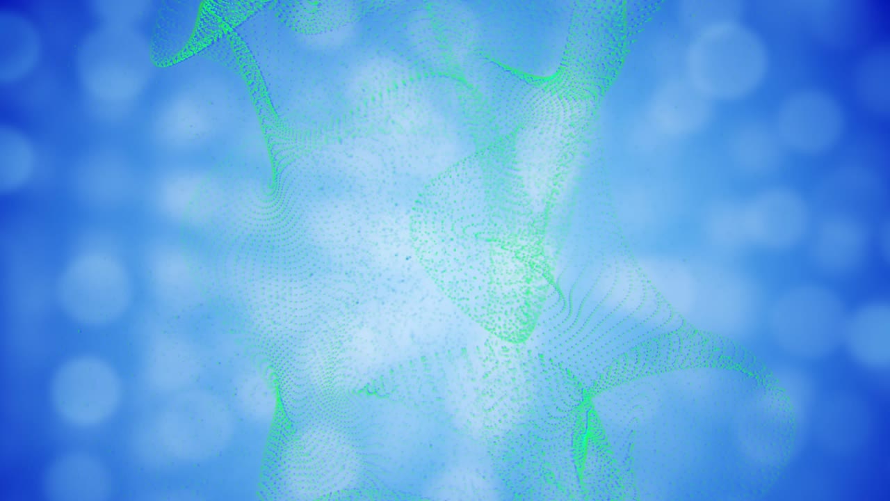 Green smear appearing, particle ribbon rising, twisting, looping, shedding dots, visualizing motion