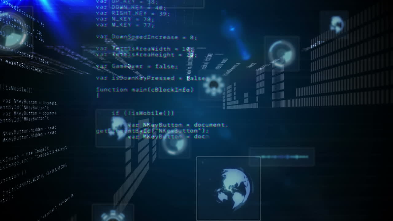 animación de escáneres redondos, procesamiento de datos y puntos de luz azul contra un fondo negro