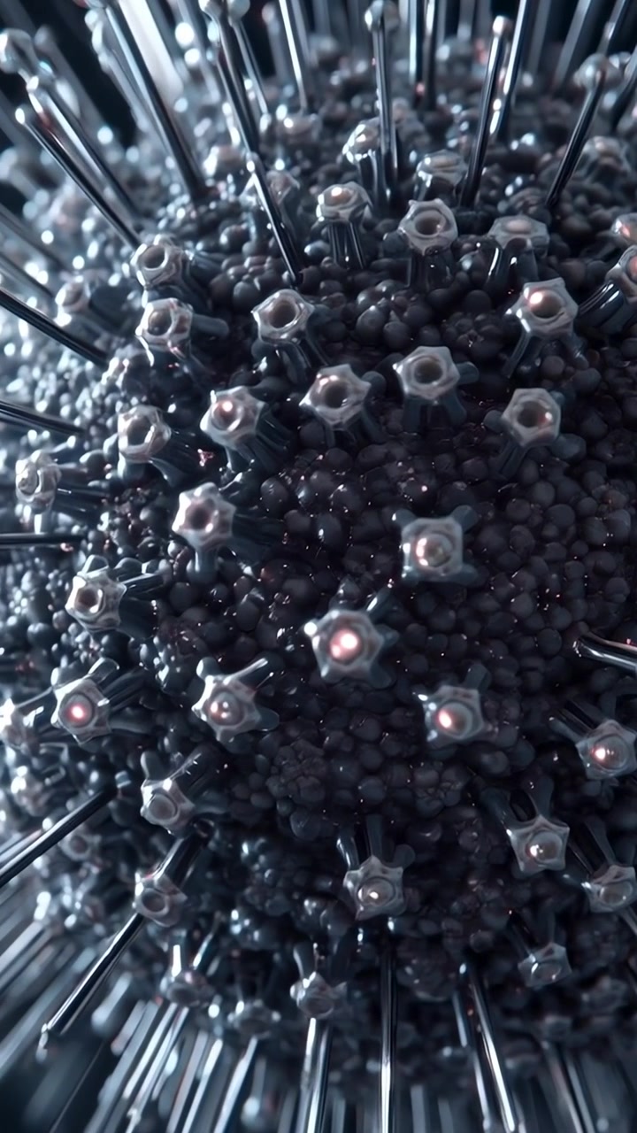 Video verticale: Inizio panoramica della telecamera, sfera appuntita che ruota in uno studio macro, rivelando tappi a forma di stella.