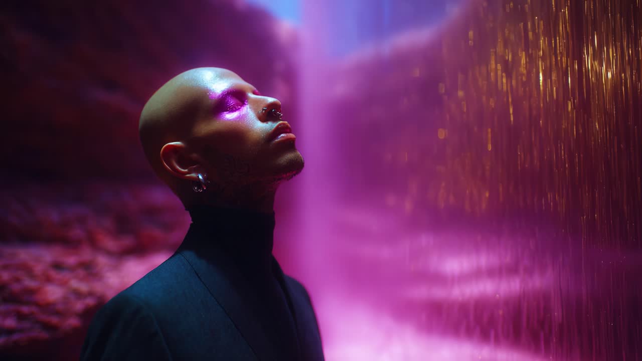Captivating Exploration of Vibrant Light Reflections on a Serene Figure in a Dreamlike Environment Highlighting Ethereal Colors and Textures for a Unique Visual Experience