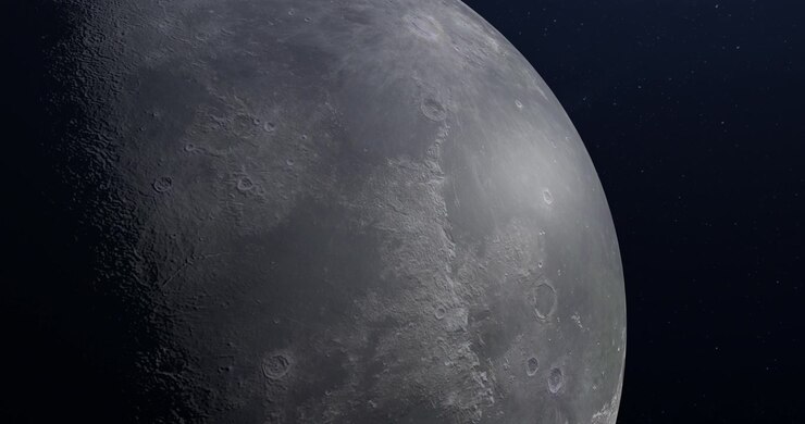 Explorando a superfície da Lua no espaço. Animação renderizada em 3D, altamente detalhada e realista.