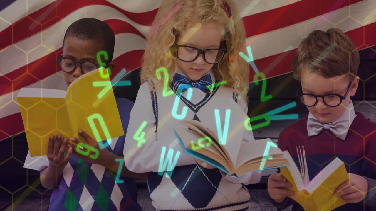 animación de letras que se mueven sobre los niños de la escuela que leen libros contra la bandera estadounidense