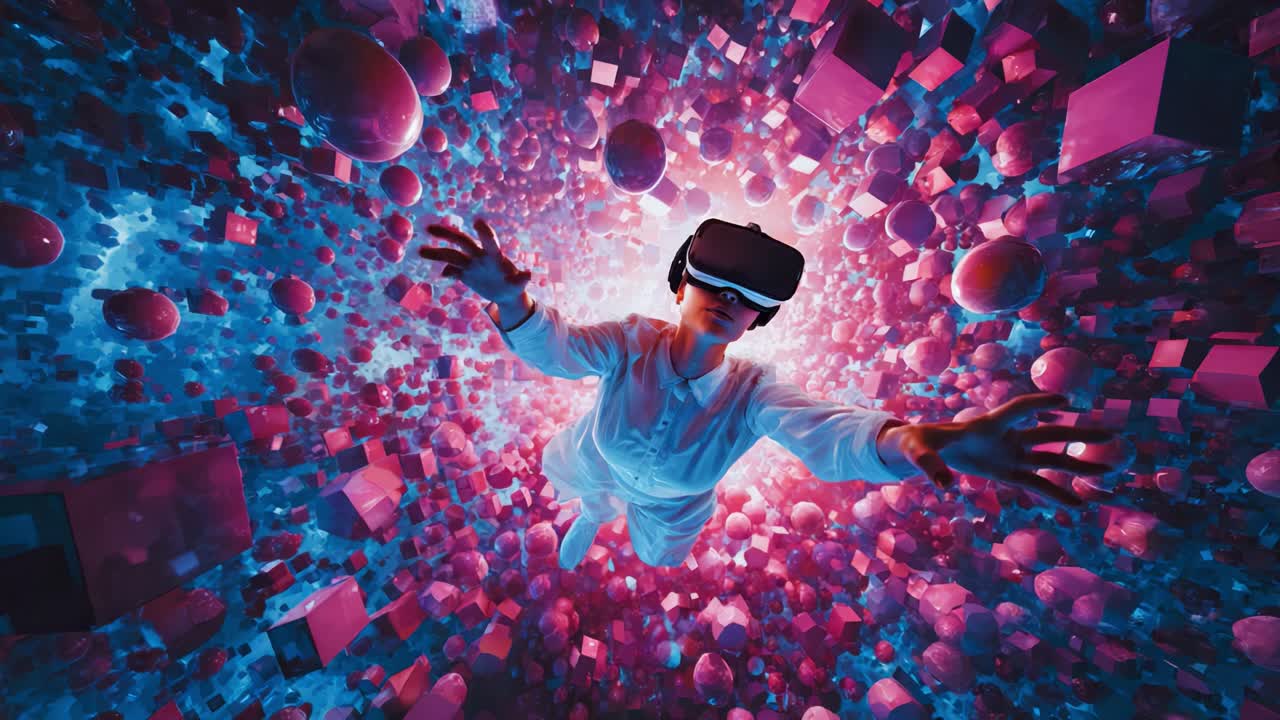 Immersive Virtual Reality Experience: A Person Exploring a Colorful Digital Universe Surrounded by Vibrant Spheres and Geometric Shapes, Symbolizing Innovation and Technology Advancements