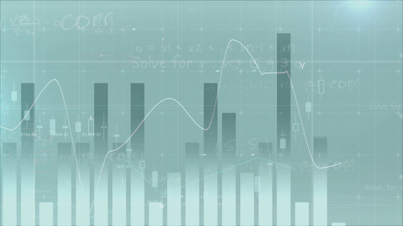 Bar and line graphs with mathematical equations animation over grid background