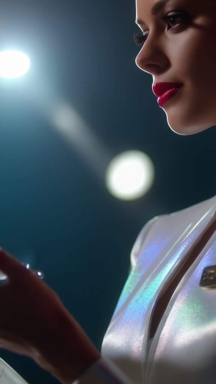 Donna elegante in un abito scintillante, catturata in due fotogrammi da un video, che mette in mostra glamour e stile con una bella illuminazione ed espressioni delicate.