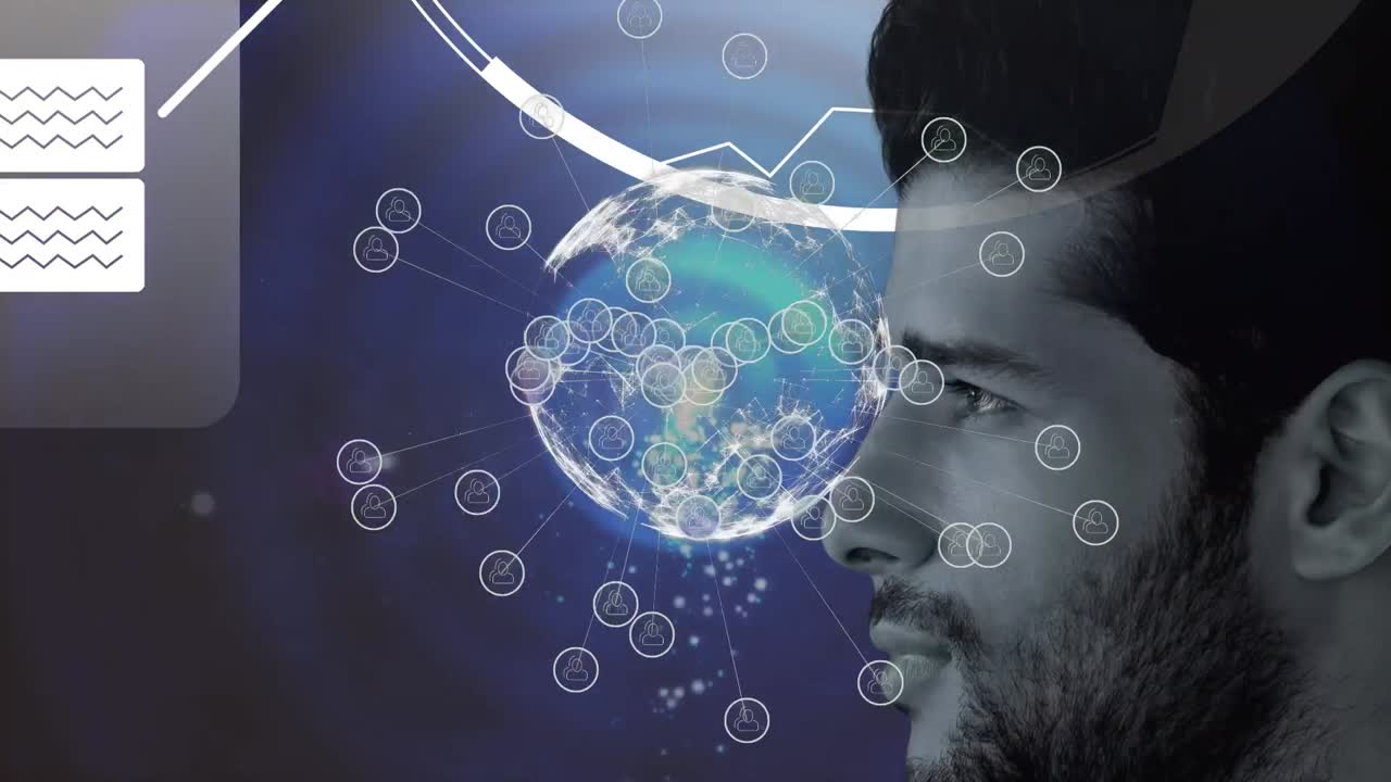 Animation of globe with network of connection over man's face