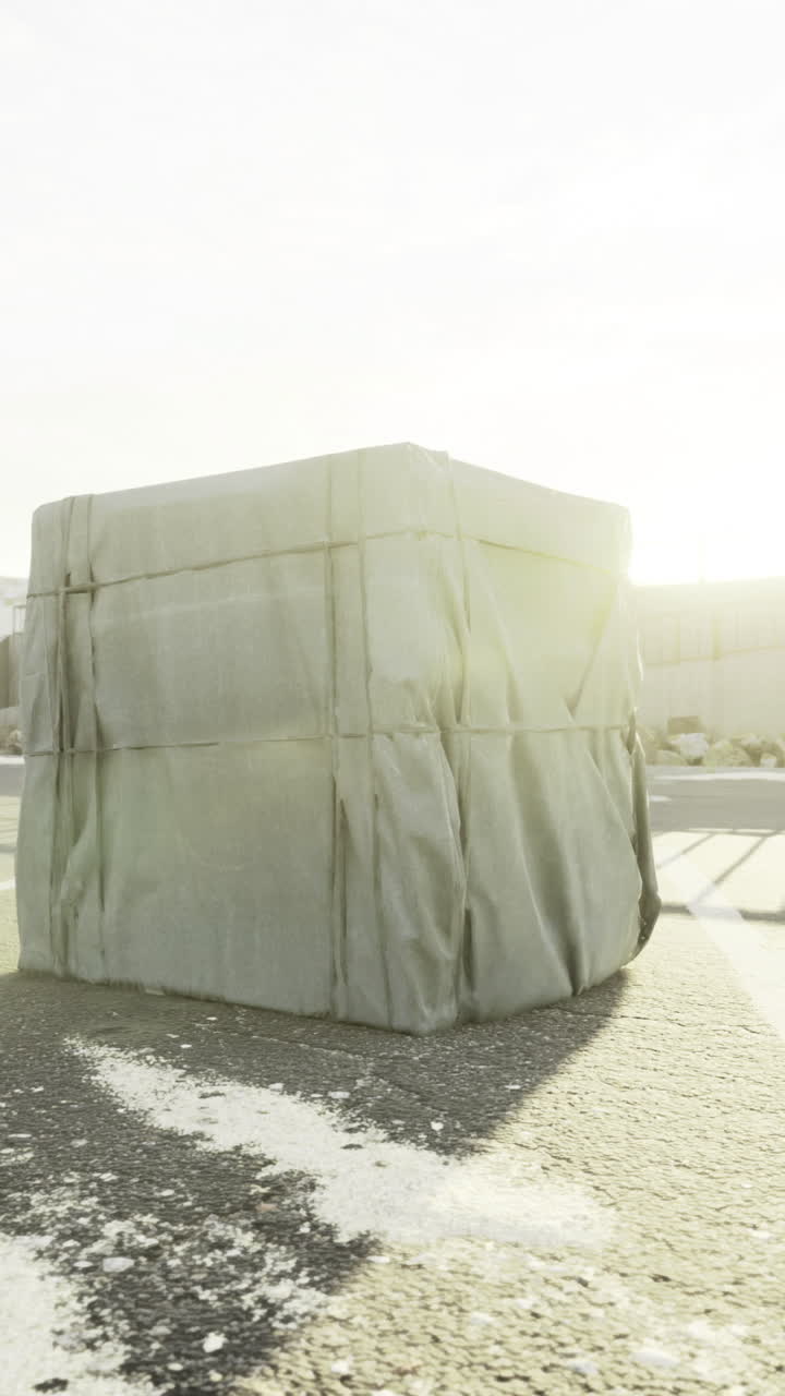 Mysterious wrapped box rests on a deserted coastal road at sunrise