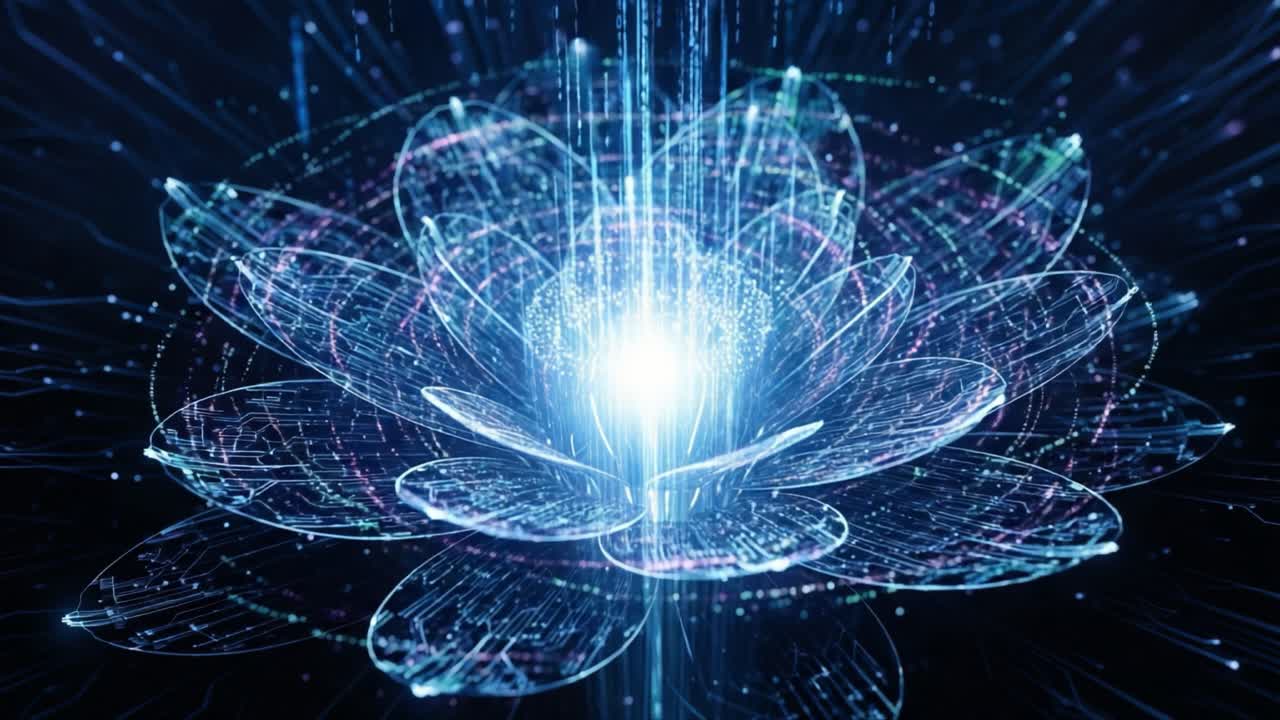 A Stunning Visualization of a Digital Flower Blooming with Light and Energy, Showcasing Intricate Patterns and Vibrant Colors in a Dynamic Cosmic Environment