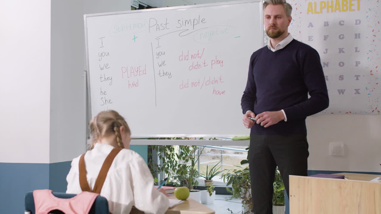 profesor de inglés masculino explicando el pasado simple y luego llamando a un alumno a la pizarra 2