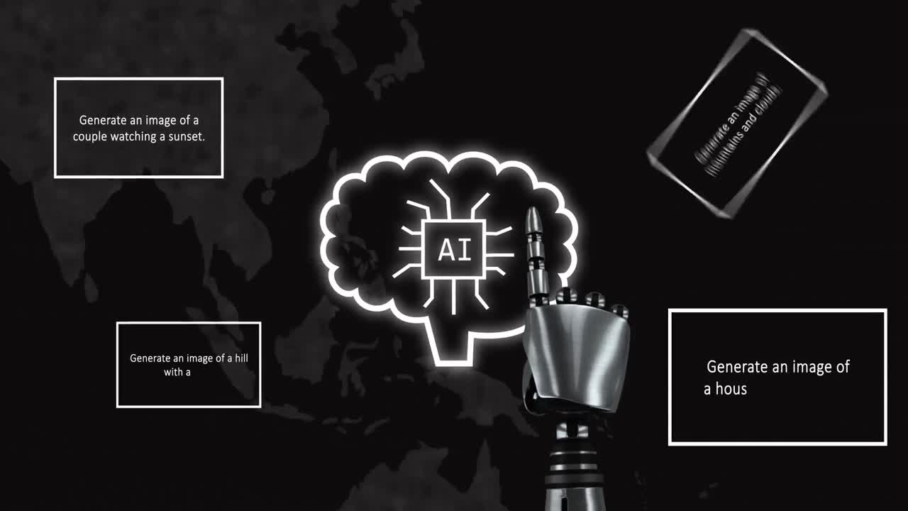 Animation of ai data processing over robot's arm and brain and dark background