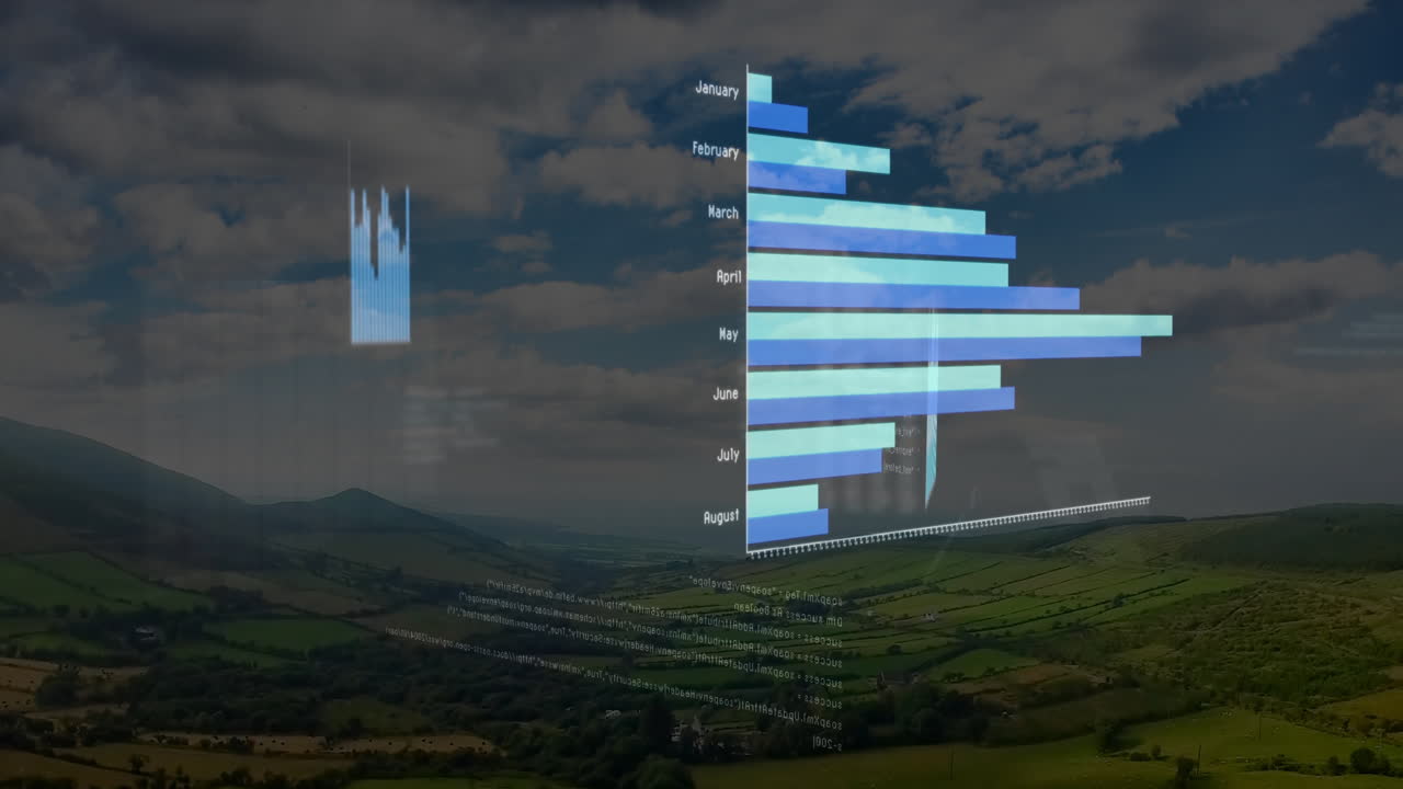 Blue and transparent bars animation over scenic landscape with cloudy sky