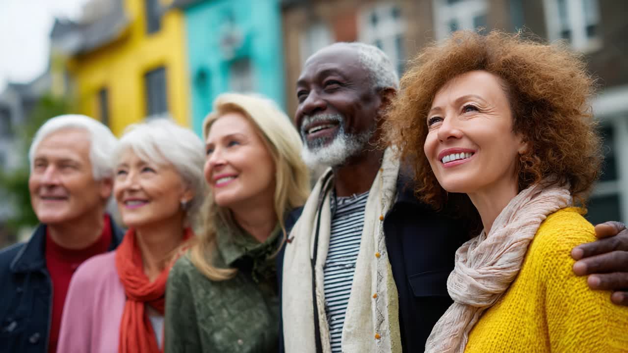 Diverse group of older adults standing together and looking up