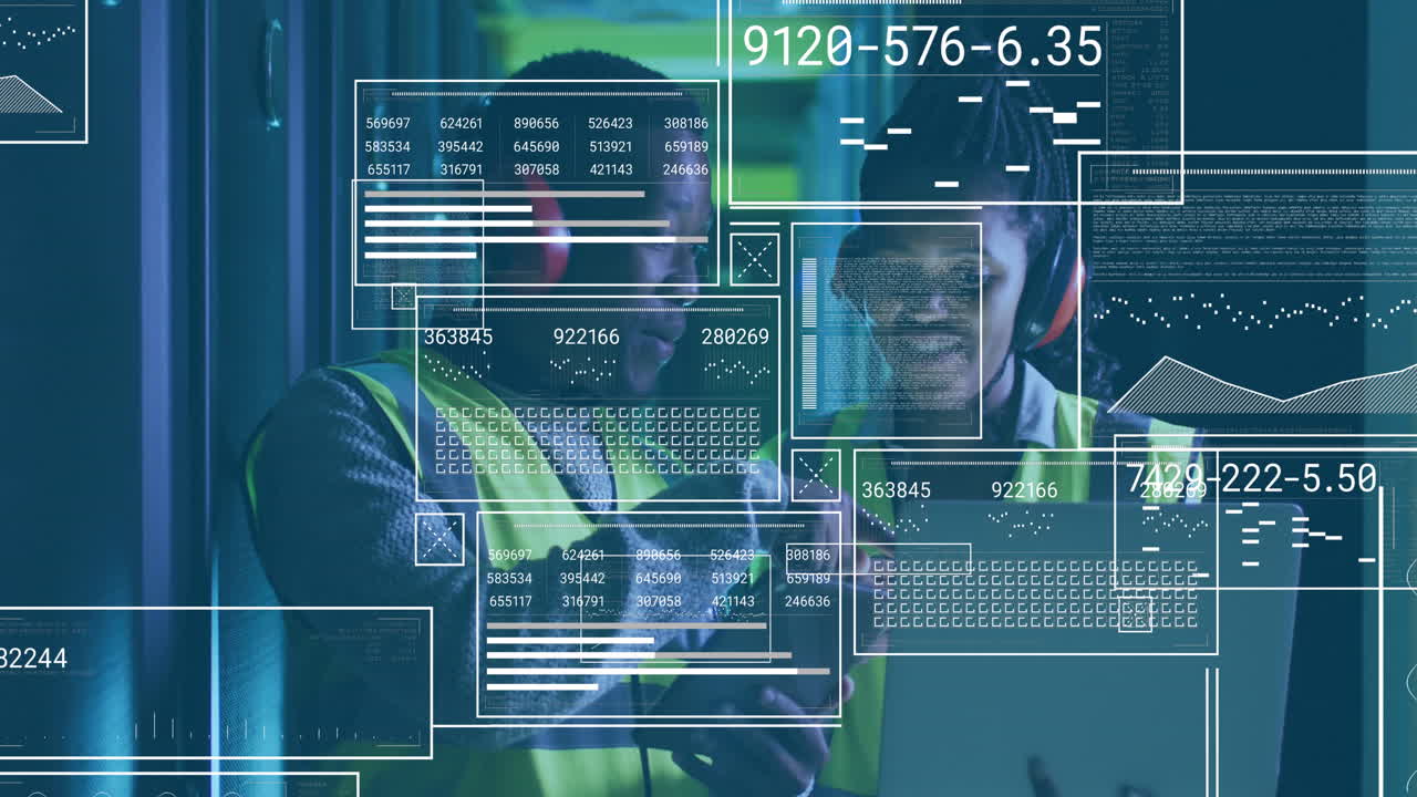 Animation of data processing over diverse it technicians working by computer servers