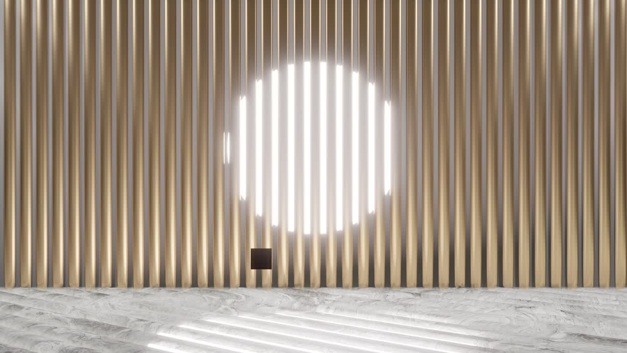 3D render animation of bright sun shining through wooden wall paneling. Abstract design background.
