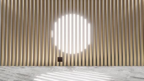 3d render animation of bright sun shining through wooden wall paneling. abstract design background.